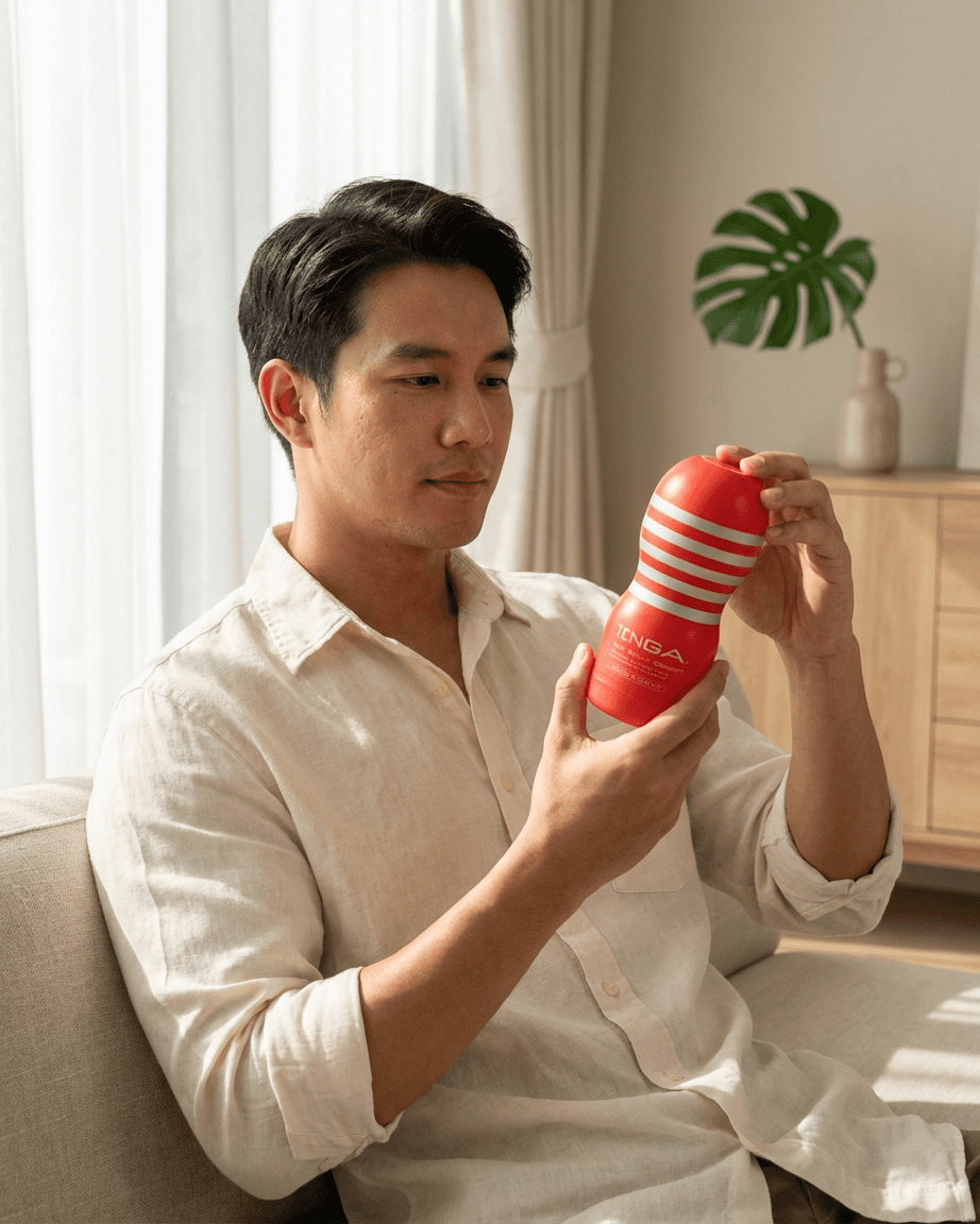 Man holding TENGA premium personal wellness product